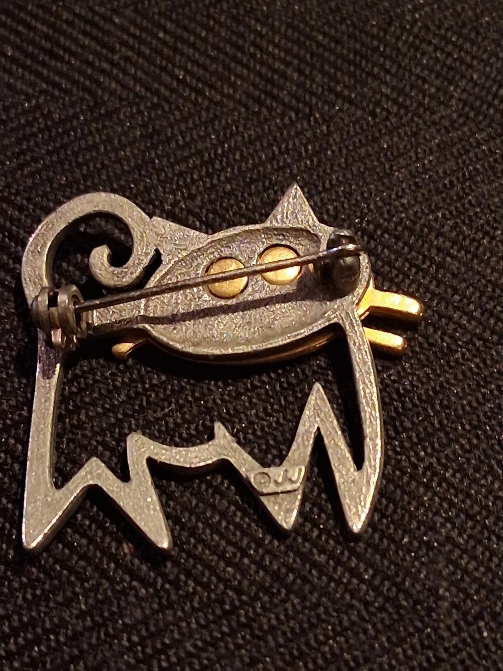 Gold and Silver Cat Pin Brooch with Green Gem Eyes Pet Lover Accessory Marked JJ